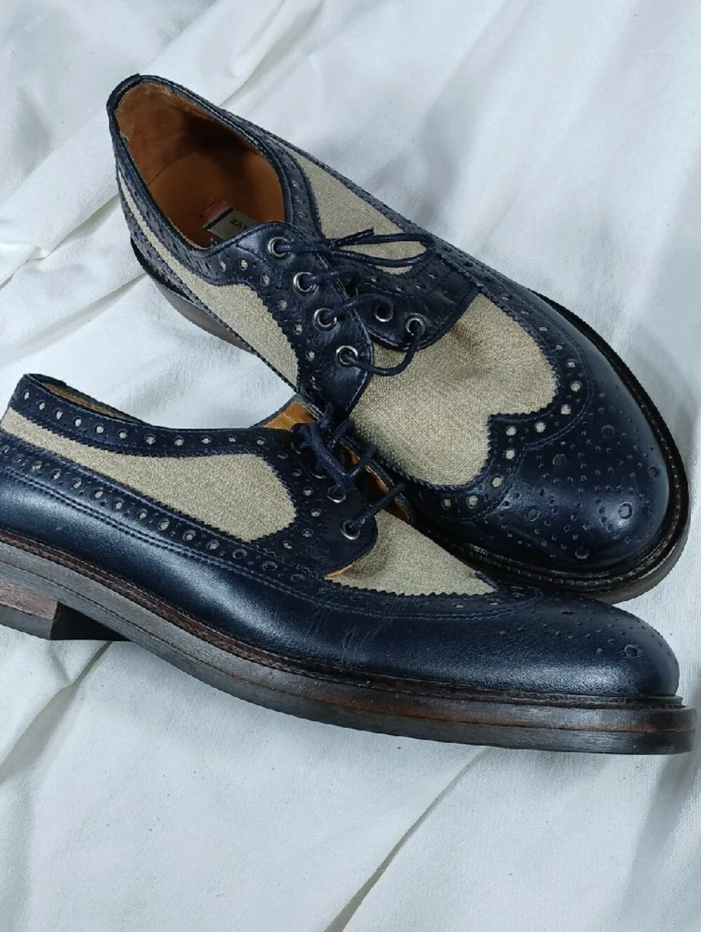 Zara Navy Leather and Beige Canvas Wingtip Derbys